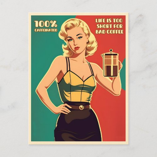 Funny Vintage Retro Pinup Coffee Caffeine Humor Postcard