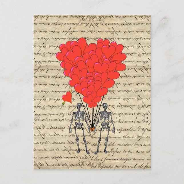 Funny vintage Skeleton and red heart Postcard (Front)