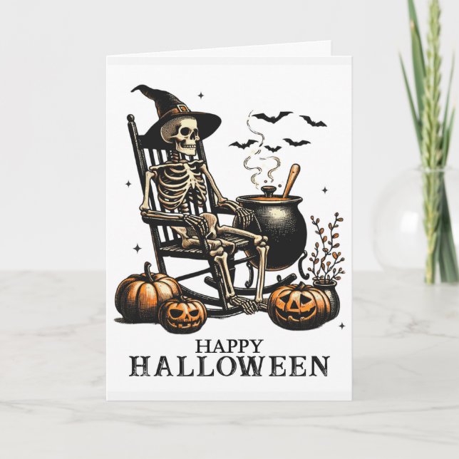 Funny Vintage Skeleton Awaits Halloween Holiday Card (Front)