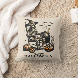 Funny Vintage Skeleton Waits for Halloween Throw Pillow