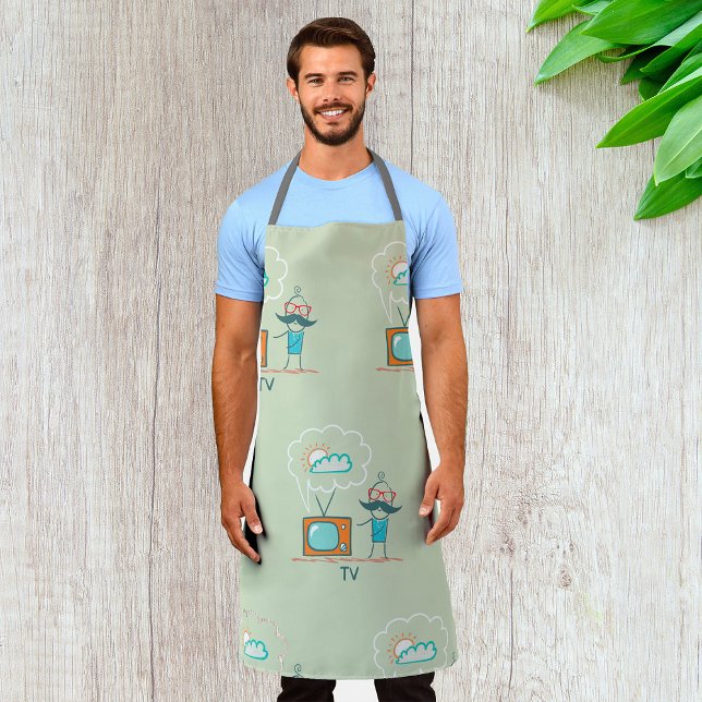 Funny Vintage Television Doodle Character Apron (Creator Uploaded)