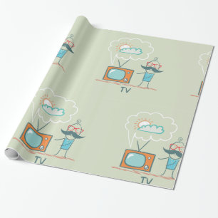 Funny Vintage Television Doodle Character Wrapping Paper