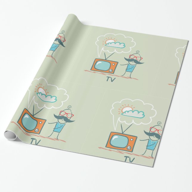Funny Vintage Television Doodle Character Wrapping Paper (Unrolled)
