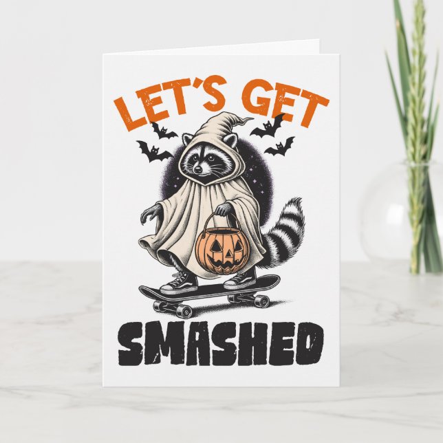 Funny Vintage Themed Raccoon Skateboard Halloween Holiday Card (Front)