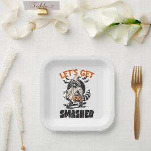 Funny Vintage Themed Raccoon Skateboard Halloween Paper Plates