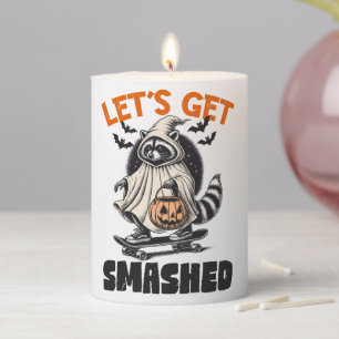 Funny Vintage Themed Raccoon Skateboard Halloween Pillar Candle