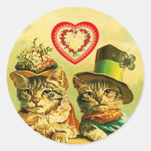 FUNNY VINTAGE VALENTINES DAY CATSRED ROSE HEARTS CLASSIC ROUND STICKER