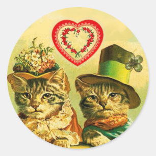 FUNNY VINTAGE VALENTINE'S DAY CATS,RED ROSE HEARTS CLASSIC ROUND STICKER