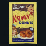 Funny Vintage "Vitamin Donuts" Advertisement Towel<br><div class="desc">In 1941, the Doughnut Corporation of America came out with these "Vitamin Donuts, " hoping the product would earn a seal of approval from the Nutrition Division of the War Food Administration. The name was justified, so the Doughnut Corporation believed, because the donuts were made with flour fortified with thiamine...</div>