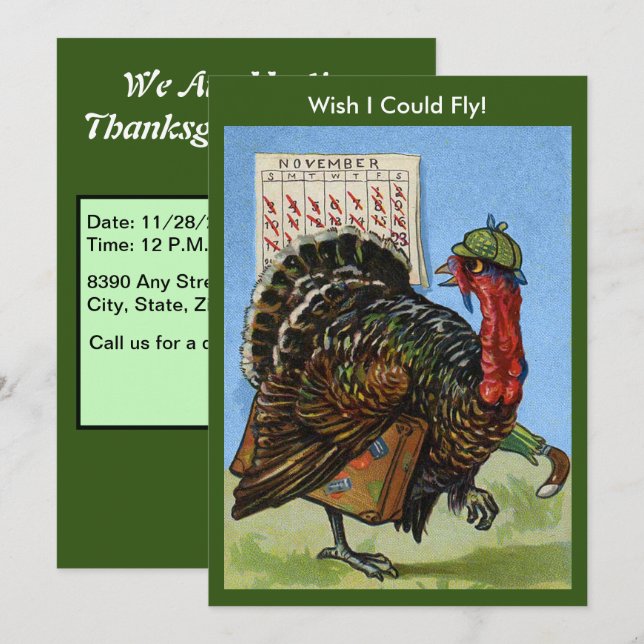 Funny Vintage Wish I Could Fly Thanksgiving Turkey Invitation (Front/Back)