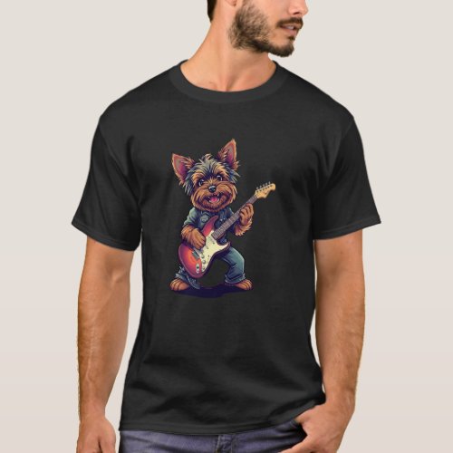 Funny Vintage Yorkie Rock Playing Guitar Rock T-Shirt