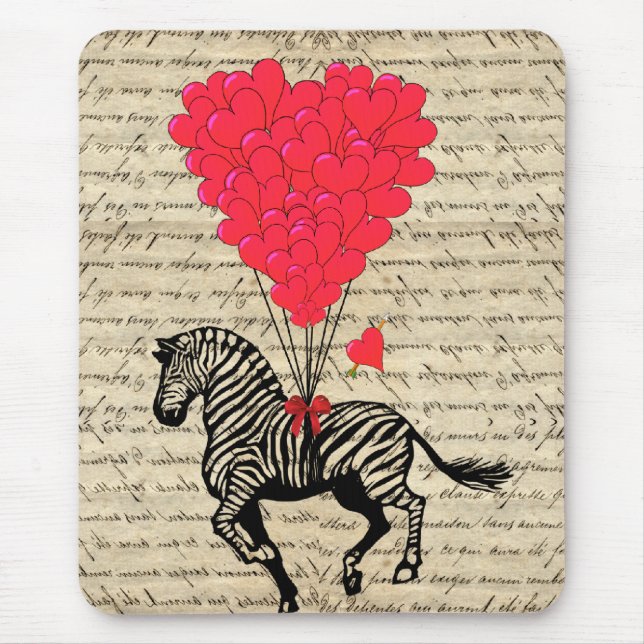 Funny vintage zebra & heart balloons mouse pad (Front)
