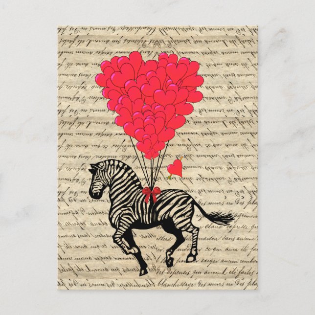 Funny vintage zebra & heart balloons postcard (Front)