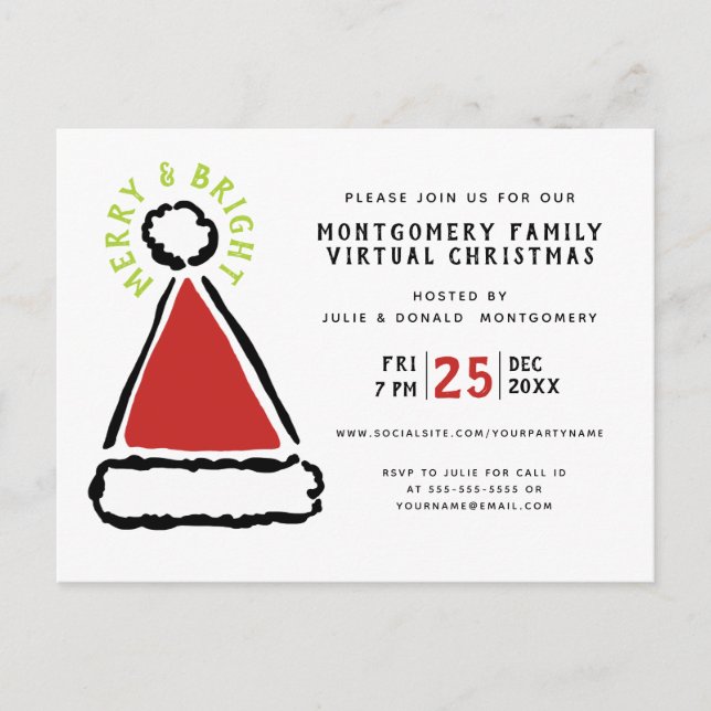 Funny Virtual Christmas Party Red Santa Hat Invitation Postcard (Front)