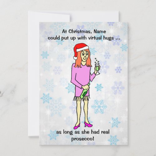 Funny Virtual Hugs Prosecco Woman Christmas Holiday Card