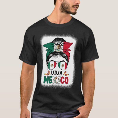 Funny Viva Mexico Mexican Independence Messy Bun H T_Shirt