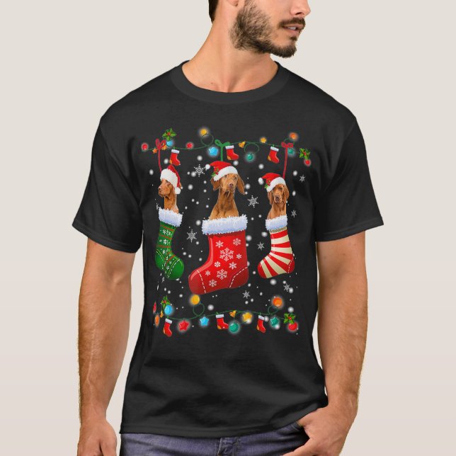 Funny Vizsla Christmas Socks Lights Funny Dog Love T-Shirt (Front)