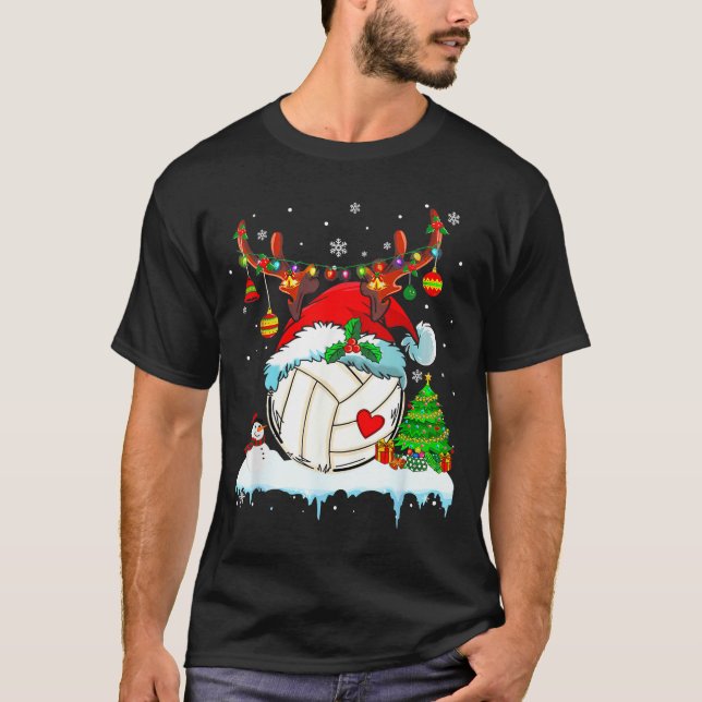 Funny Volleyball Christmas Reindeer Santa Hat Ligh T-Shirt (Front)