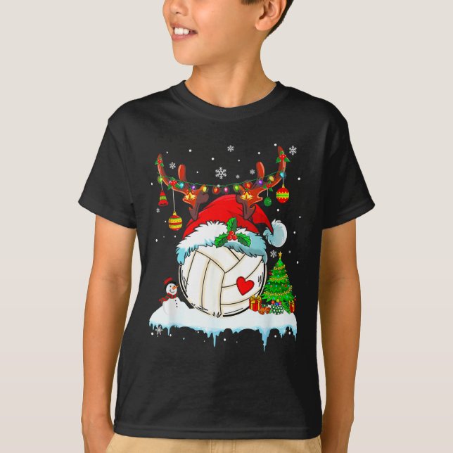 Funny Volleyball Christmas Reindeer Santa Hat Ligh T-Shirt (Front)