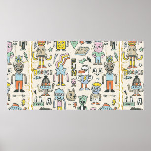 Funny Wacky Doodle Characters Set 2. Vintage Textu Poster