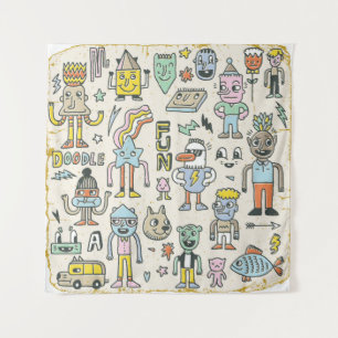 Funny Wacky Doodle Characters Set 2. Vintage Textu Tapestry
