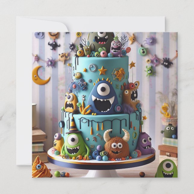 FUNNY WACKY MONSTER CAKE BIRTHDAY INVITATION (Front)