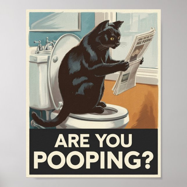 Funny Wall Art - Are You Pooping? Cat on Toilet (Front)