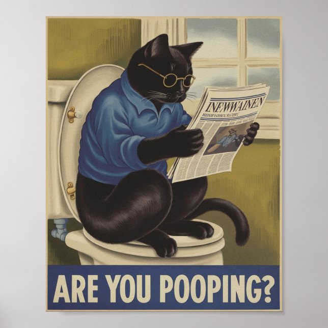 Funny Wall Art - Are You Pooping? Cat on Toilet (Front)