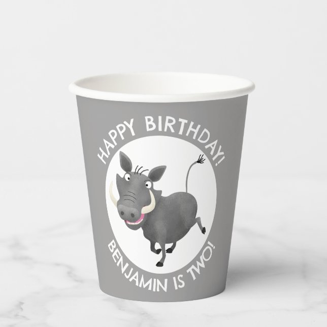 Funny warthog personalized birthday paper cups (Front)