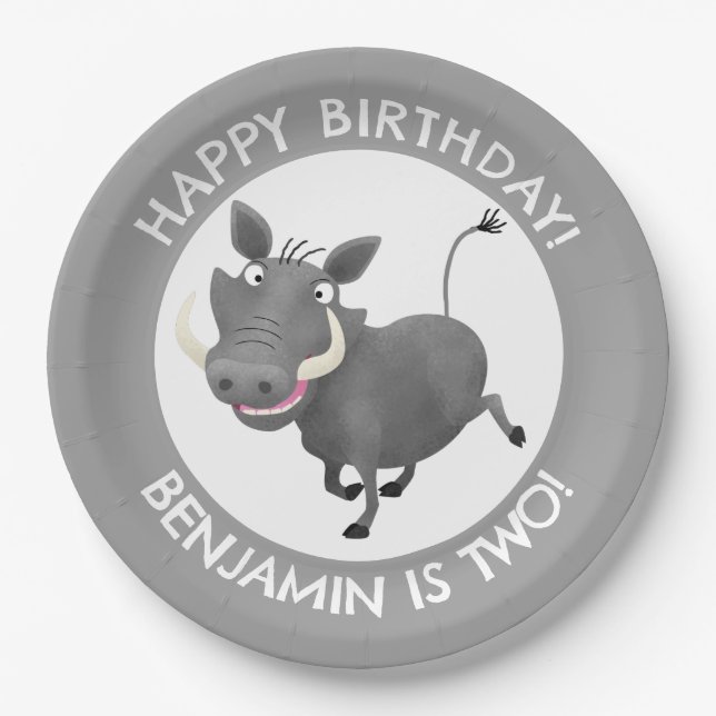 Funny warthog personalized birthday paper plates (Front)