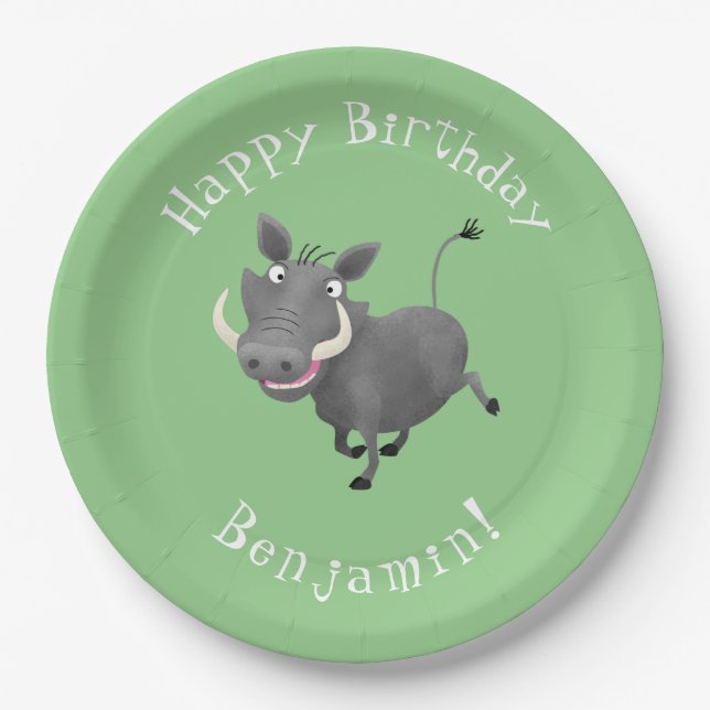 Funny warthog personalized birthday paper plates (Front)