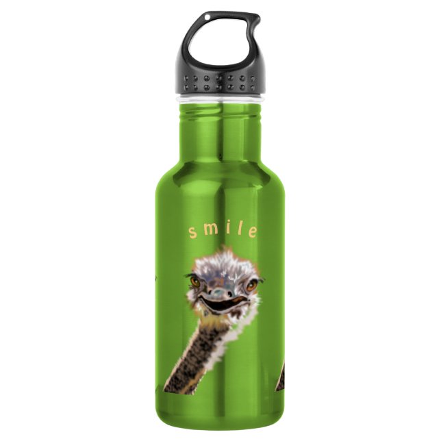 Funny Water Bottle with Happy Ostrich - Smile (Front)