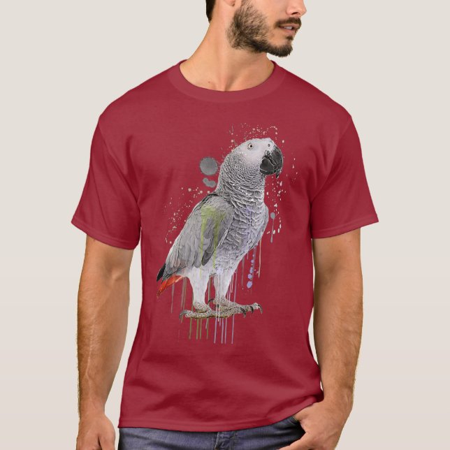 Funny Watercolor African Gray Parrot Bird T-Shirt (Front)