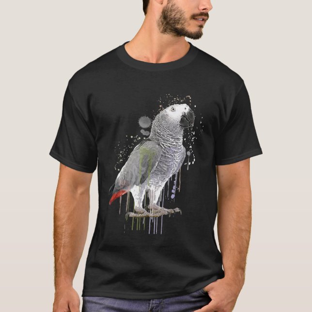 Funny Watercolor African Grey Parrot Bird T-Shirt (Front)