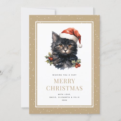 Funny Watercolor Black Cat Merry Christmas Card