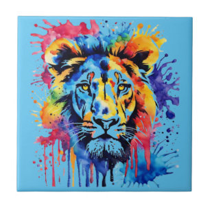 Funny watercolor colorful lion ceramic tile