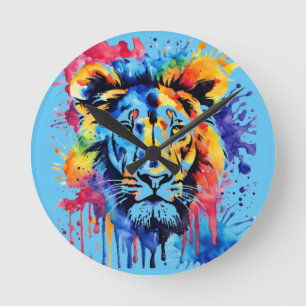 Funny watercolor colorful lion round clock