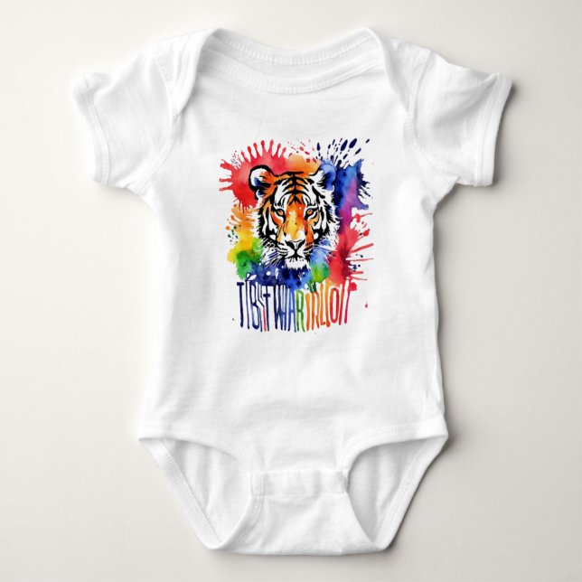 Funny watercolor colorful tiger baby bodysuit (Front)