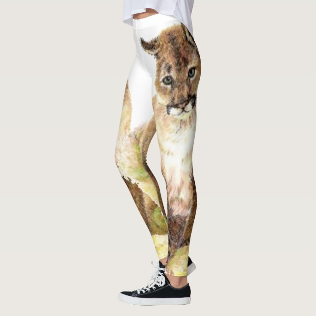Funny Watercolor Cub Cougar, Puma, Mountain Lion Leggings (Left)