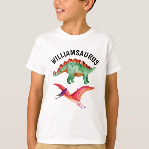 Funny Watercolor Dinosaur Personalized Name  T_Shirt