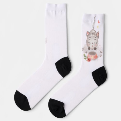 funny watercolor floral cat socks