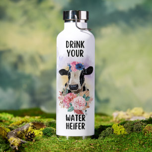 Funny Watercolor Floral & Cow Affirmation Water Bottle