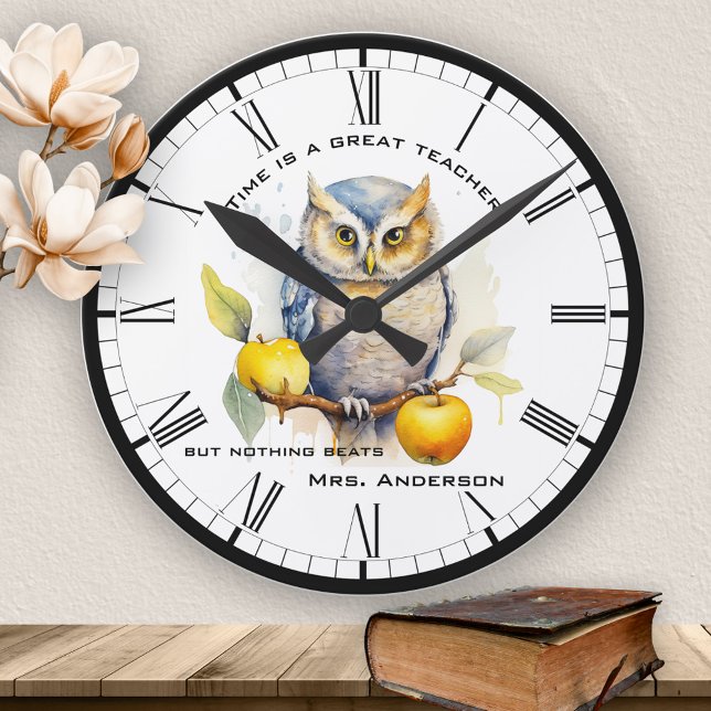 Funny Watercolor Owl Teacher  Round Clock (Funny wall clock featuring a watercolor painting of an owl with apples - a great gift for teachers)