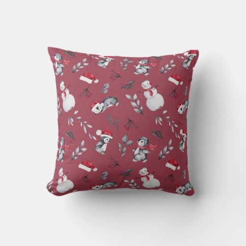 Funny watercolor penguins pattern throw pillow