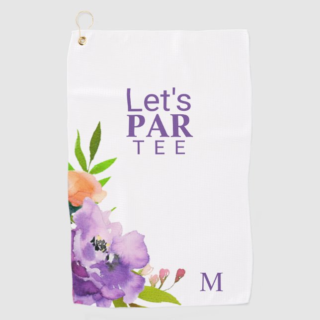 Funny Watercolor Purple Floral Script Monogram Golf Towel (Front)