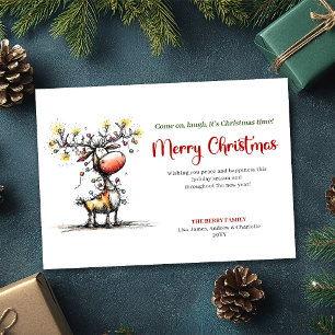 Funny watercolor reindeer Christmas greeting card