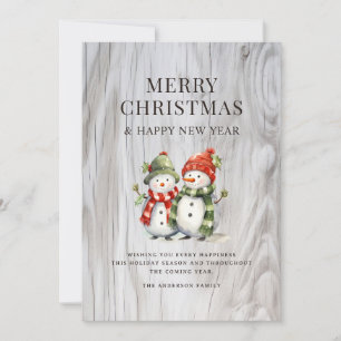 Funny Watercolor Snowmen Rustic Wood Holiday Card