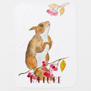 Funny watercolor squirrel on a branch with berries baby blanket