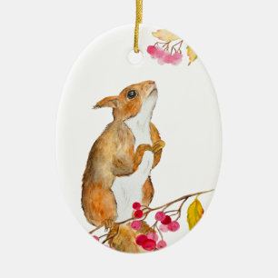 Funny watercolor squirrel on a branch with berries ceramic ornament
