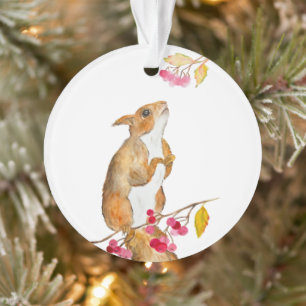 Funny watercolor squirrel on a branch with berries ornament